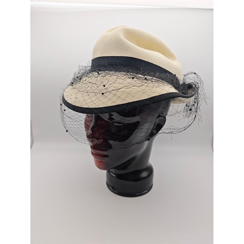Vintage Adolfo Cream Fedora Black Band Veil Saks Fifth Avenue Hat